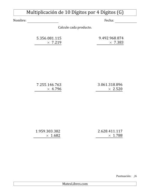La hoja de ejercicios de Multiplicar Números de 10 Dígitos por 4 Dígitos Usando Puntos como Separadores de Millares (G)
