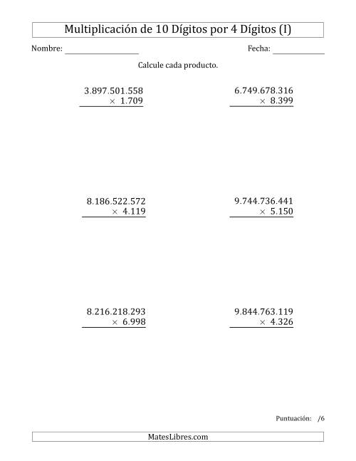 La hoja de ejercicios de Multiplicar Números de 10 Dígitos por 4 Dígitos Usando Puntos como Separadores de Millares (I)