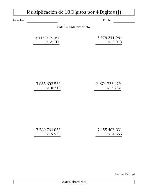 La hoja de ejercicios de Multiplicar Números de 10 Dígitos por 4 Dígitos Usando Puntos como Separadores de Millares (J)