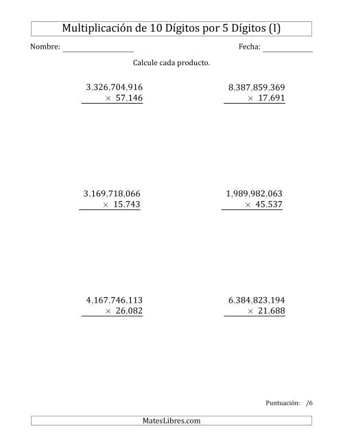 La hoja de ejercicios de Multiplicar Números de 10 Dígitos por 5 Dígitos Usando Comas como Separadores de Millares (I)