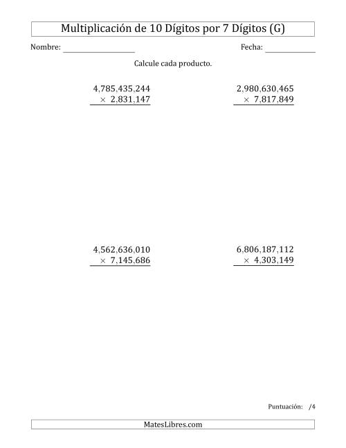 La hoja de ejercicios de Multiplicar Números de 10 Dígitos por 7 Dígitos Usando Comas como Separadores de Millares (G)