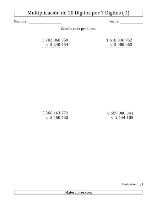 La hoja de ejercicios de Multiplicar Números de 10 Dígitos por 7 Dígitos Usando Puntos como Separadores de Millares (D)