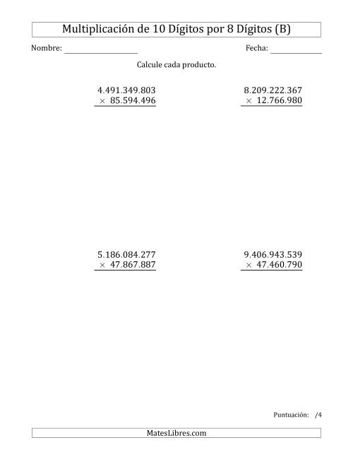 La hoja de ejercicios de Multiplicar Números de 10 Dígitos por 8 Dígitos Usando Puntos como Separadores de Millares (B)