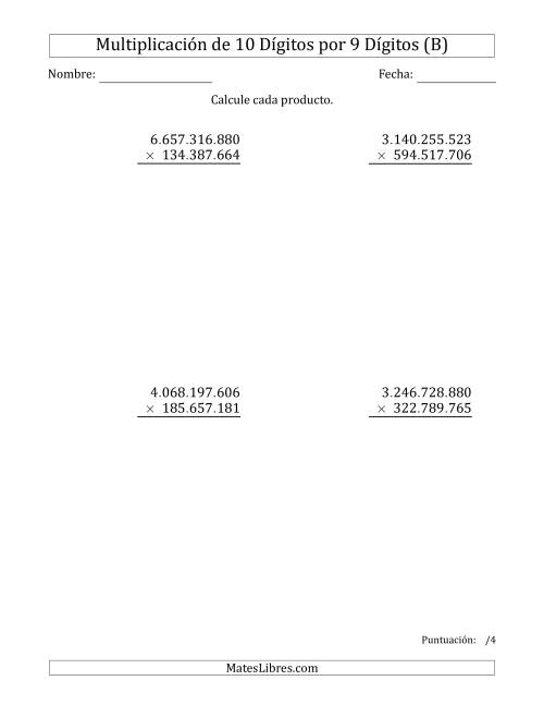 La hoja de ejercicios de Multiplicar Números de 10 Dígitos por 9 Dígitos Usando Puntos como Separadores de Millares (B)