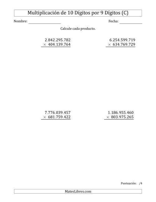 La hoja de ejercicios de Multiplicar Números de 10 Dígitos por 9 Dígitos Usando Puntos como Separadores de Millares (C)