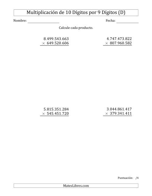 La hoja de ejercicios de Multiplicar Números de 10 Dígitos por 9 Dígitos Usando Puntos como Separadores de Millares (D)