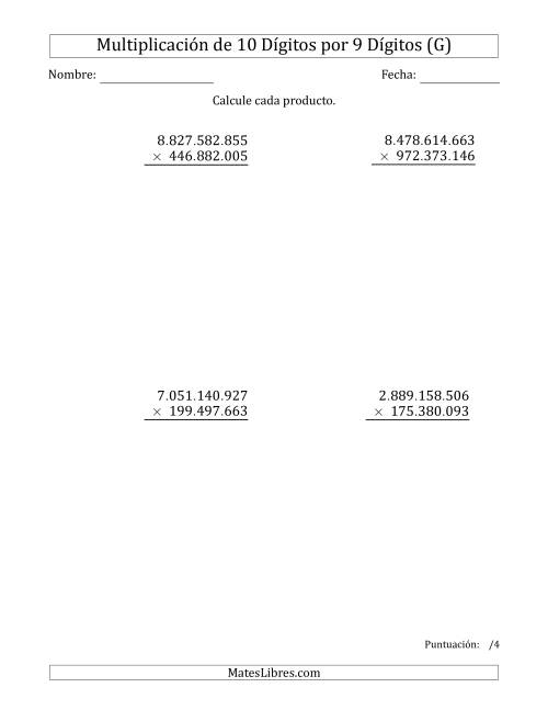 La hoja de ejercicios de Multiplicar Números de 10 Dígitos por 9 Dígitos Usando Puntos como Separadores de Millares (G)