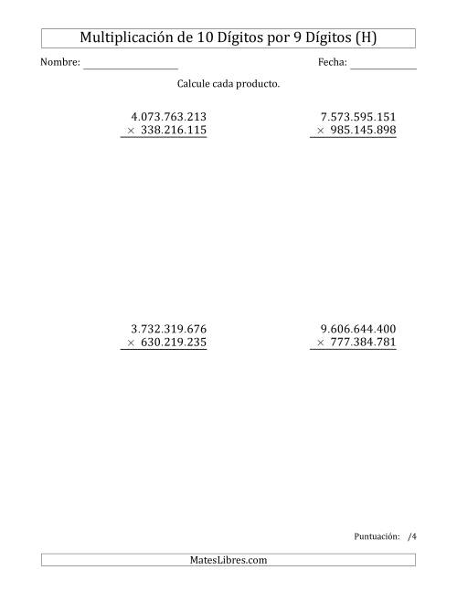 La hoja de ejercicios de Multiplicar Números de 10 Dígitos por 9 Dígitos Usando Puntos como Separadores de Millares (H)