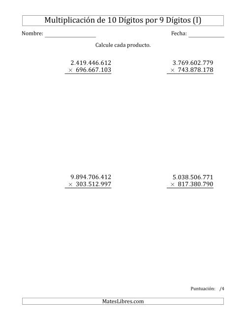 La hoja de ejercicios de Multiplicar Números de 10 Dígitos por 9 Dígitos Usando Puntos como Separadores de Millares (I)