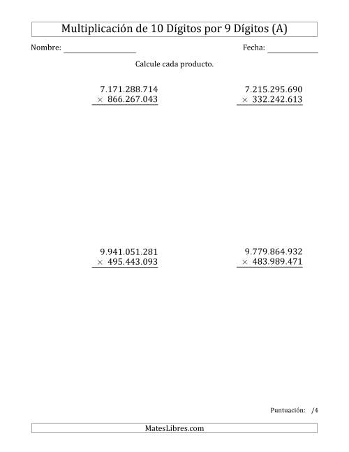 La hoja de ejercicios de Multiplicar Números de 10 Dígitos por 9 Dígitos Usando Puntos como Separadores de Millares (Todas)