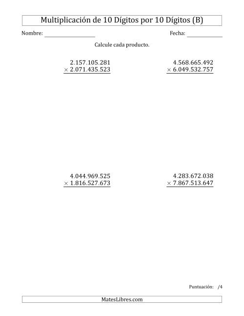 La hoja de ejercicios de Multiplicar Números de 10 Dígitos por 10 Dígitos Usando Puntos como Separadores de Millares (B)