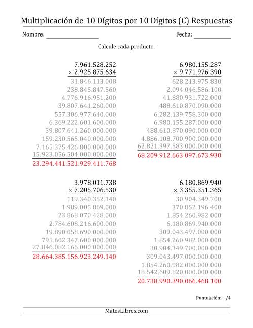La hoja de ejercicios de Multiplicar Números de 10 Dígitos por 10 Dígitos Usando Puntos como Separadores de Millares (C) Página 2