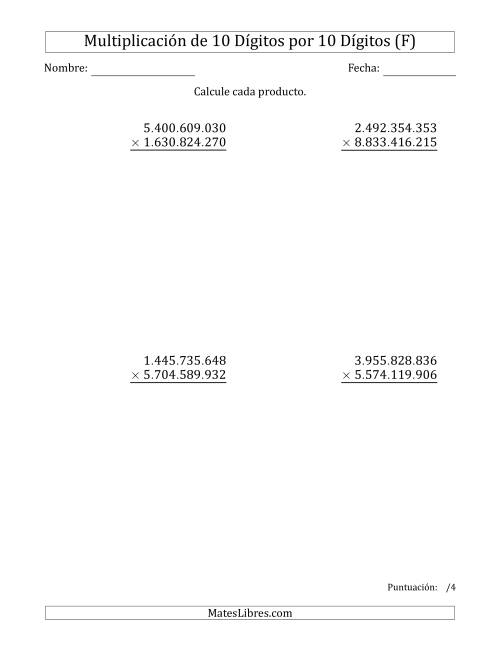 La hoja de ejercicios de Multiplicar Números de 10 Dígitos por 10 Dígitos Usando Puntos como Separadores de Millares (F)