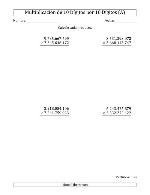 La hoja de ejercicios de Multiplicar Números de 10 Dígitos por 10 Dígitos Usando Puntos como Separadores de Millares (Todas)