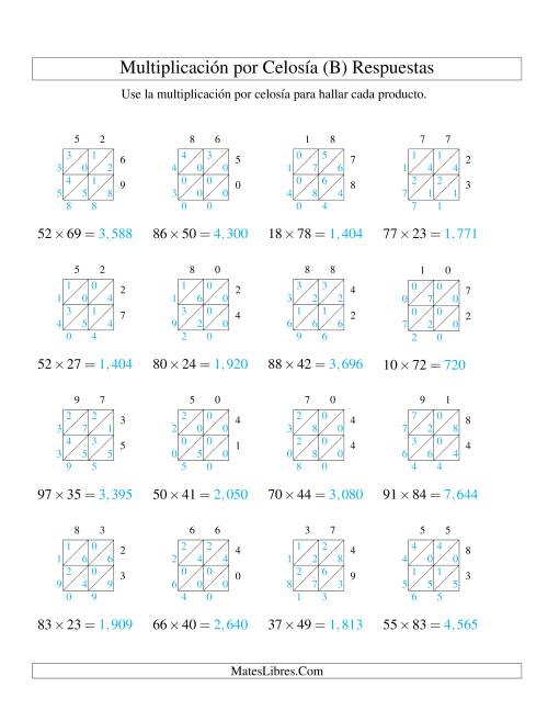 La hoja de ejercicios de Multiplicación por Celosía, Producto de Dos Dígitos por Dos Dígitos (B) Página 2