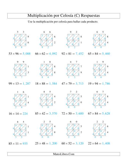 La hoja de ejercicios de Multiplicación por Celosía, Producto de Dos Dígitos por Dos Dígitos (C) Página 2
