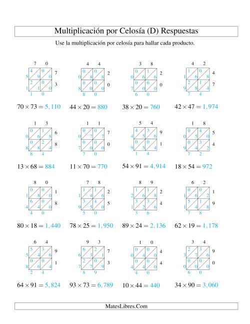 La hoja de ejercicios de Multiplicación por Celosía, Producto de Dos Dígitos por Dos Dígitos (D) Página 2
