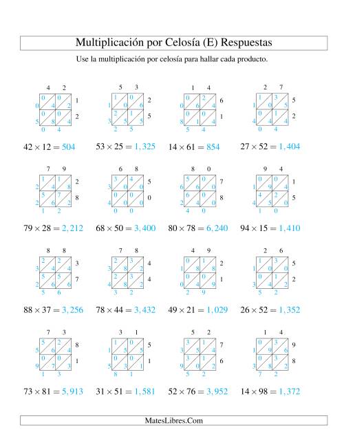 La hoja de ejercicios de Multiplicación por Celosía, Producto de Dos Dígitos por Dos Dígitos (E) Página 2
