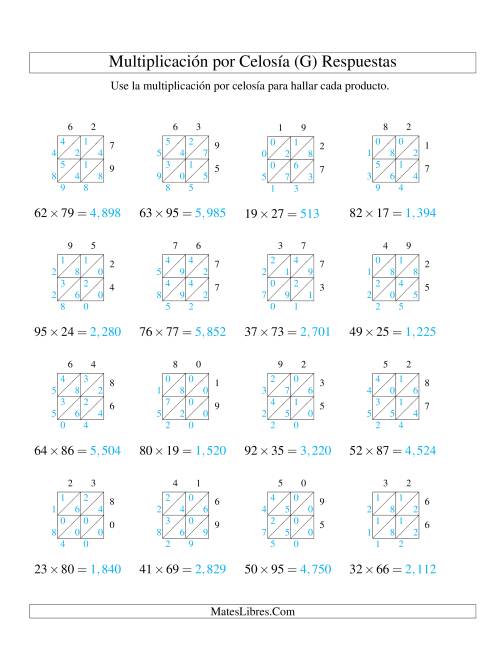 La hoja de ejercicios de Multiplicación por Celosía, Producto de Dos Dígitos por Dos Dígitos (G) Página 2