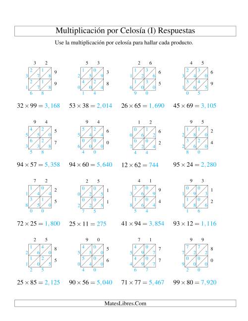 La hoja de ejercicios de Multiplicación por Celosía, Producto de Dos Dígitos por Dos Dígitos (I) Página 2