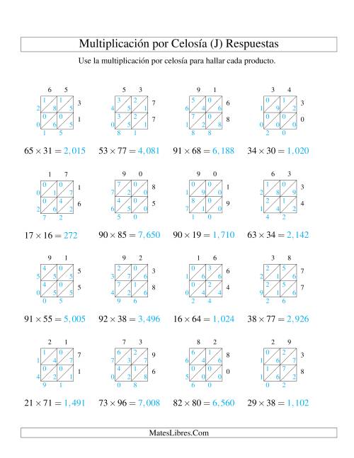 La hoja de ejercicios de Multiplicación por Celosía, Producto de Dos Dígitos por Dos Dígitos (J) Página 2