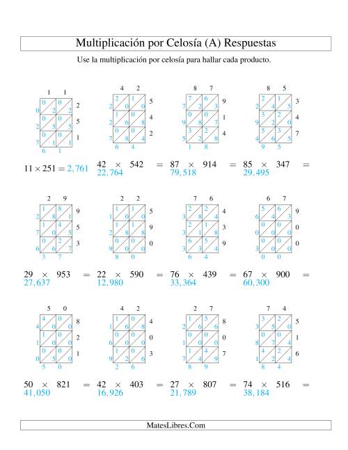 La hoja de ejercicios de Multiplicación por Celosía, Producto de Dos Dígitos por Tres Dígitos (A) Página 2