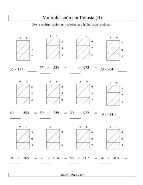 La hoja de ejercicios de Multiplicación por Celosía, Producto de Dos Dígitos por Tres Dígitos (B)