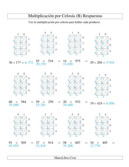 La hoja de ejercicios de Multiplicación por Celosía, Producto de Dos Dígitos por Tres Dígitos (B) Página 2