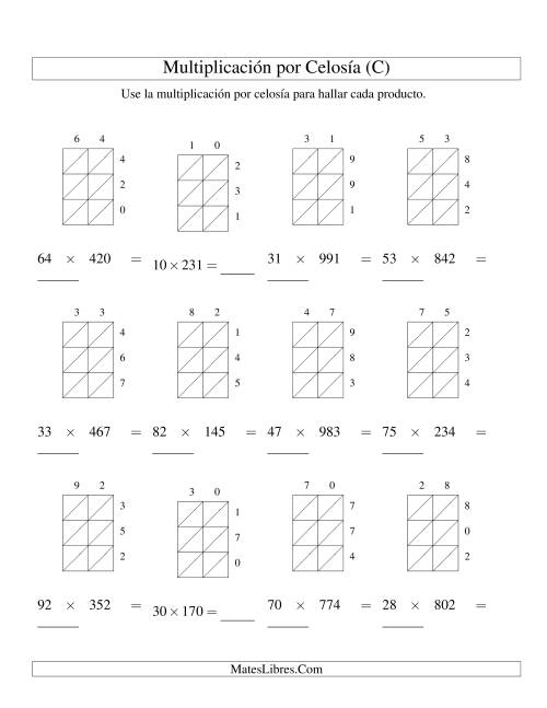 La hoja de ejercicios de Multiplicación por Celosía, Producto de Dos Dígitos por Tres Dígitos (C)