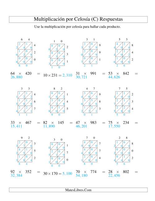 La hoja de ejercicios de Multiplicación por Celosía, Producto de Dos Dígitos por Tres Dígitos (C) Página 2