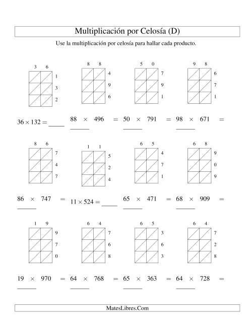 La hoja de ejercicios de Multiplicación por Celosía, Producto de Dos Dígitos por Tres Dígitos (D)