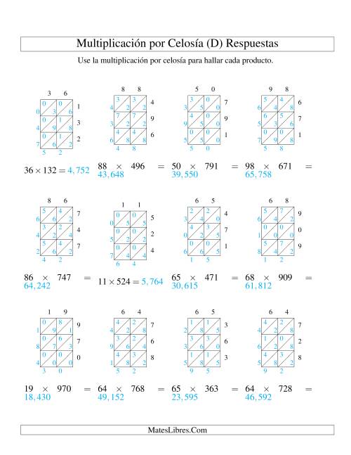 La hoja de ejercicios de Multiplicación por Celosía, Producto de Dos Dígitos por Tres Dígitos (D) Página 2