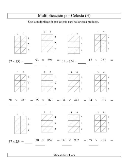 La hoja de ejercicios de Multiplicación por Celosía, Producto de Dos Dígitos por Tres Dígitos (E)