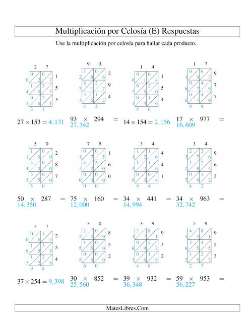 La hoja de ejercicios de Multiplicación por Celosía, Producto de Dos Dígitos por Tres Dígitos (E) Página 2