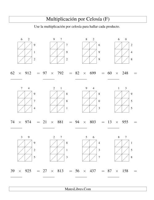 La hoja de ejercicios de Multiplicación por Celosía, Producto de Dos Dígitos por Tres Dígitos (F)