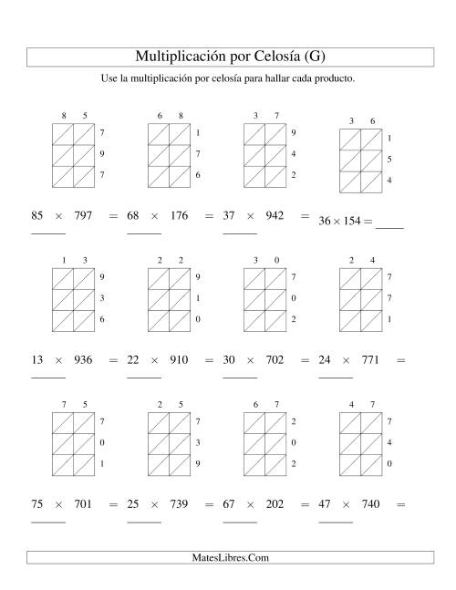 La hoja de ejercicios de Multiplicación por Celosía, Producto de Dos Dígitos por Tres Dígitos (G)