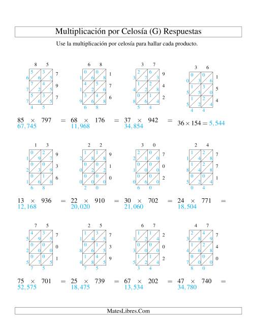 La hoja de ejercicios de Multiplicación por Celosía, Producto de Dos Dígitos por Tres Dígitos (G) Página 2
