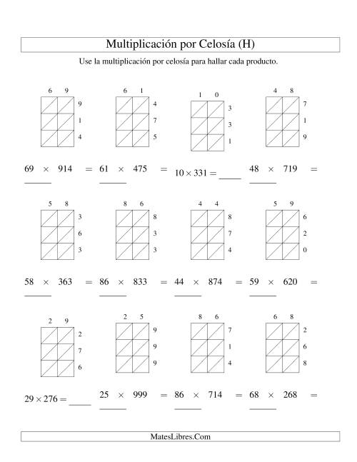 La hoja de ejercicios de Multiplicación por Celosía, Producto de Dos Dígitos por Tres Dígitos (H)