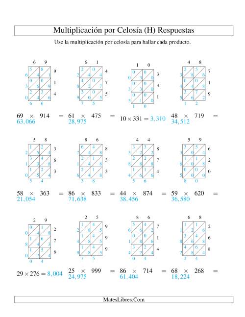 La hoja de ejercicios de Multiplicación por Celosía, Producto de Dos Dígitos por Tres Dígitos (H) Página 2