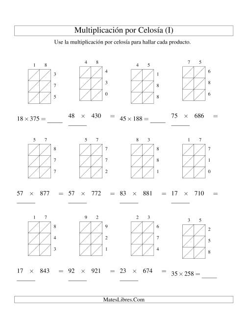 La hoja de ejercicios de Multiplicación por Celosía, Producto de Dos Dígitos por Tres Dígitos (I)