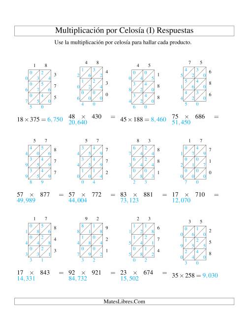 La hoja de ejercicios de Multiplicación por Celosía, Producto de Dos Dígitos por Tres Dígitos (I) Página 2