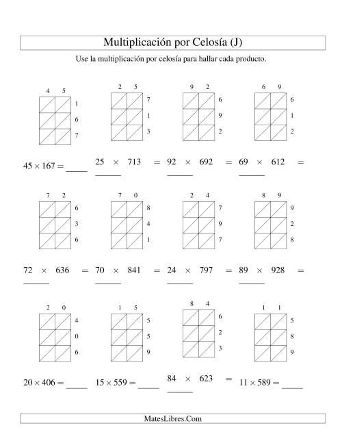 La hoja de ejercicios de Multiplicación por Celosía, Producto de Dos Dígitos por Tres Dígitos (J)