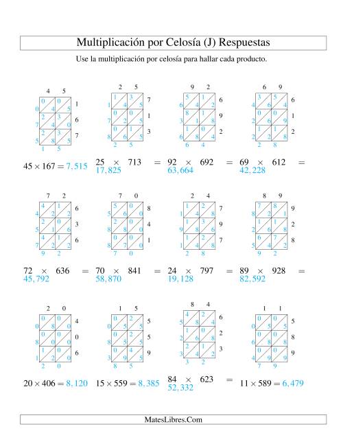 La hoja de ejercicios de Multiplicación por Celosía, Producto de Dos Dígitos por Tres Dígitos (J) Página 2