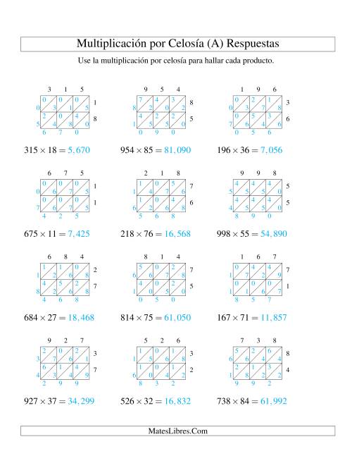 La hoja de ejercicios de Multiplicación por Celosía, Producto de Tres Dígitos por Dos Dígitos (A) Página 2