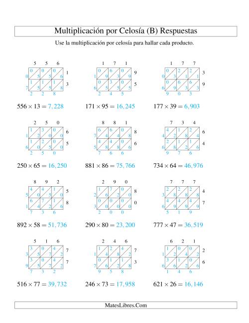 La hoja de ejercicios de Multiplicación por Celosía, Producto de Tres Dígitos por Dos Dígitos (B) Página 2
