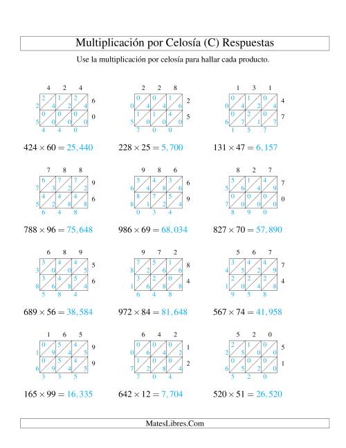 La hoja de ejercicios de Multiplicación por Celosía, Producto de Tres Dígitos por Dos Dígitos (C) Página 2