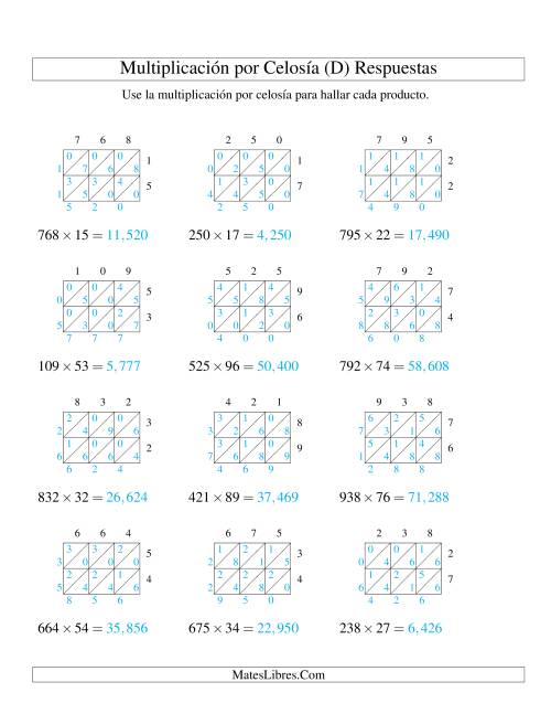 La hoja de ejercicios de Multiplicación por Celosía, Producto de Tres Dígitos por Dos Dígitos (D) Página 2