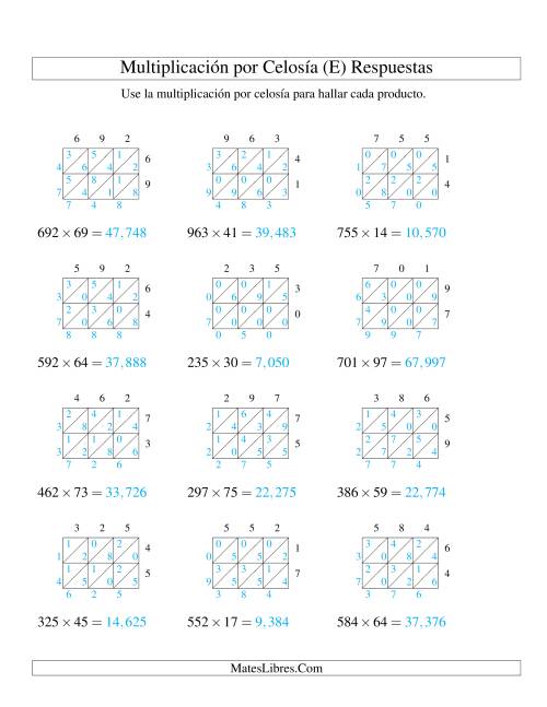 La hoja de ejercicios de Multiplicación por Celosía, Producto de Tres Dígitos por Dos Dígitos (E) Página 2