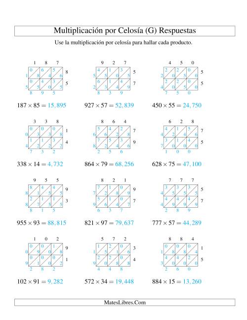 La hoja de ejercicios de Multiplicación por Celosía, Producto de Tres Dígitos por Dos Dígitos (G) Página 2