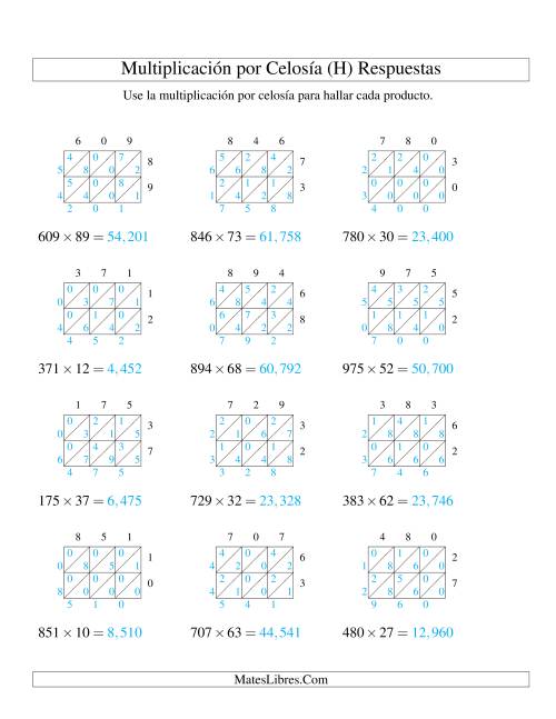 La hoja de ejercicios de Multiplicación por Celosía, Producto de Tres Dígitos por Dos Dígitos (H) Página 2
